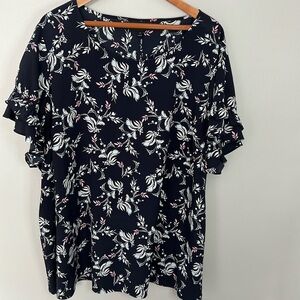 Lane Bryant Navy Blue Floral Blouse with Ruffled Sleeves